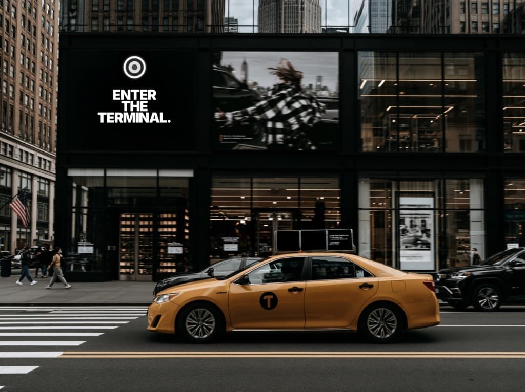 City street with a yellow taxi and building billboard reading ENTER THE TERMINAL